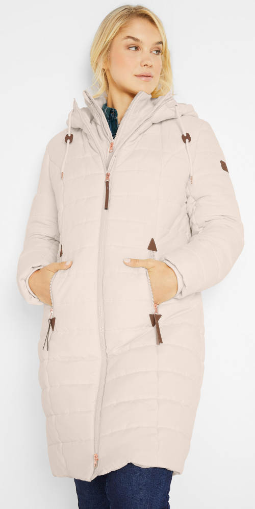Dlouhý teplý béžový prošívaný dámský zimní kabát s kapucí