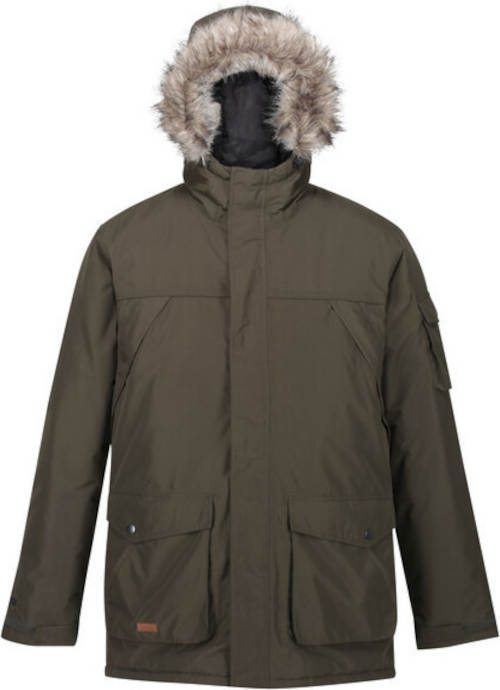 Pánská khaki zimní bunda s kapucí a kožíškem