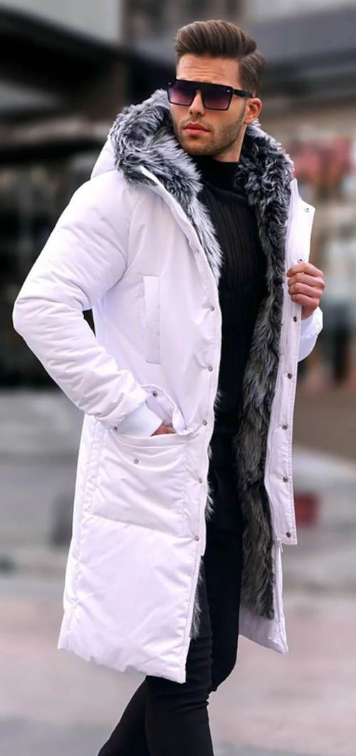 Dlouhá prošívaná pánká zimní bunda s šedým kožíškem